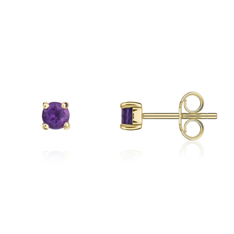 9ct Yellow Gold Round Natural Amethyst Claw Stud Earrings — 3mm