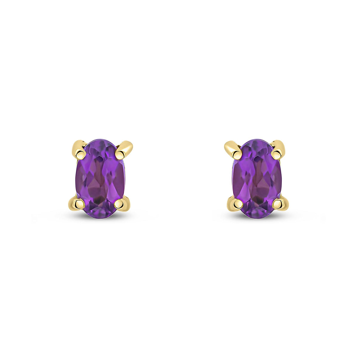 9ct Yellow Gold Oval Natural Amethyst Claw Stud Earrings — 5x3mm