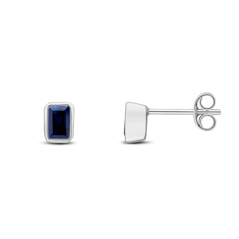 9ct White Gold Octagonal Emerald Cut Natural Sapphire Rubover Stud Earrings — 5x3mm
