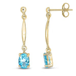 9ct Yellow Gold Oval Natural Swiss Blue Topaz Claw Bar Drop Earrings — 7x5mm