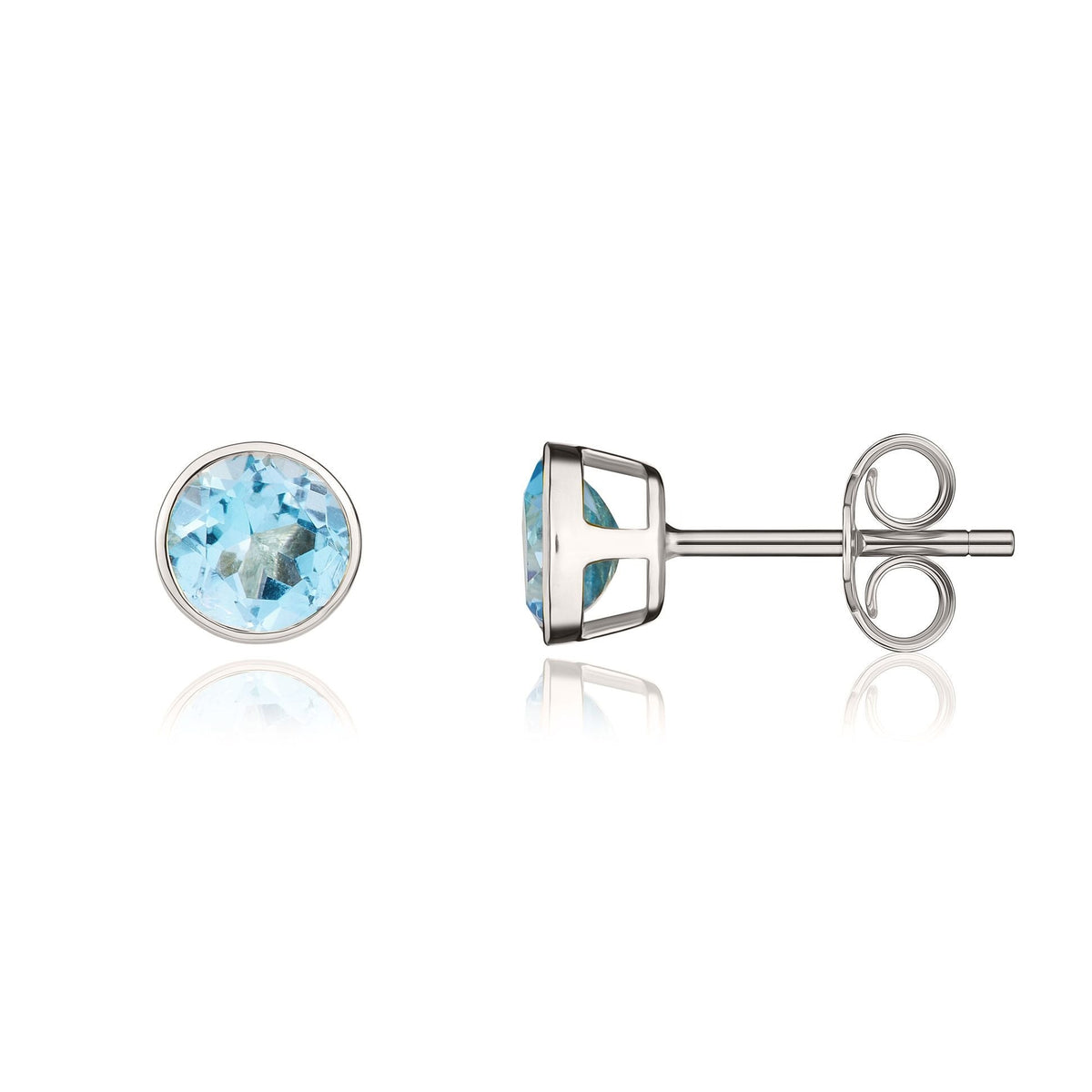 9ct White Gold Round Natural Swiss Blue Topaz Rubover Stud Earrings — 5mm