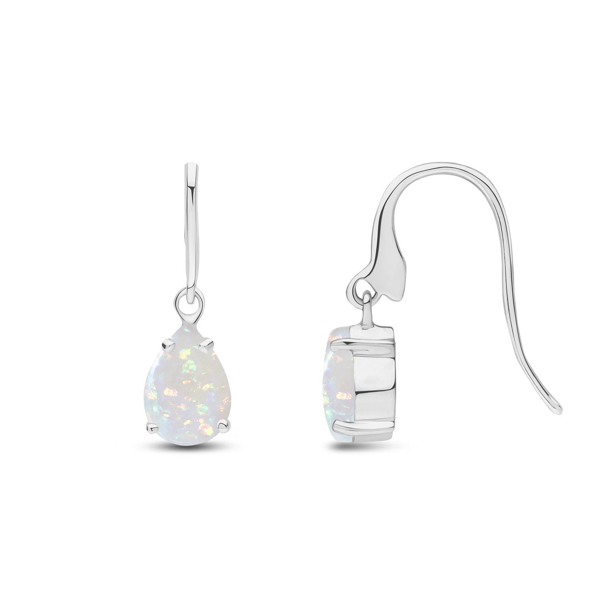 9ct White Gold Pear Shaped Natural Opal Claw Wire Hook Drop Earrings