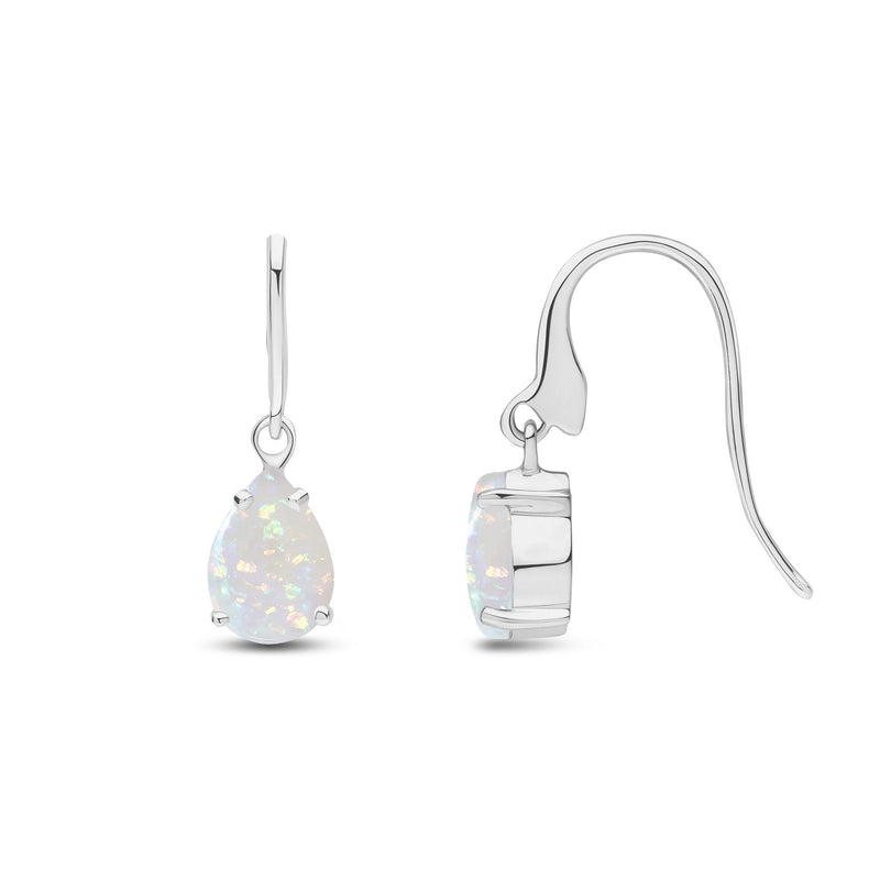 9ct White Gold Pear Shaped Natural Opal Claw Wire Hook Drop Earrings