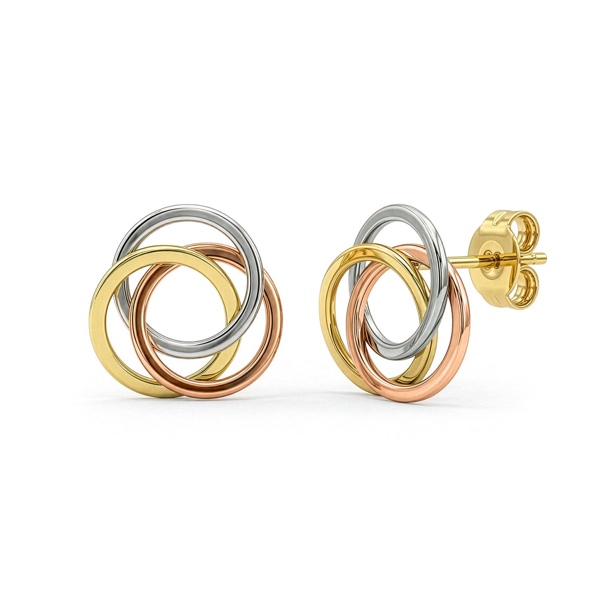 9ct Three Tone Yellow, White and Rose Gold Polished Finish Flat Circle Knot Stud Earrings