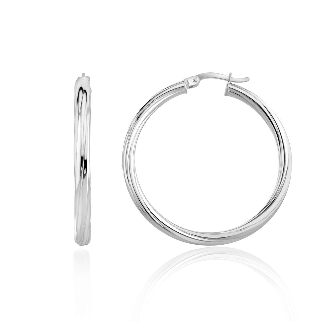 9ct White Gold Twist Tube Hoop Earrings — 36mm