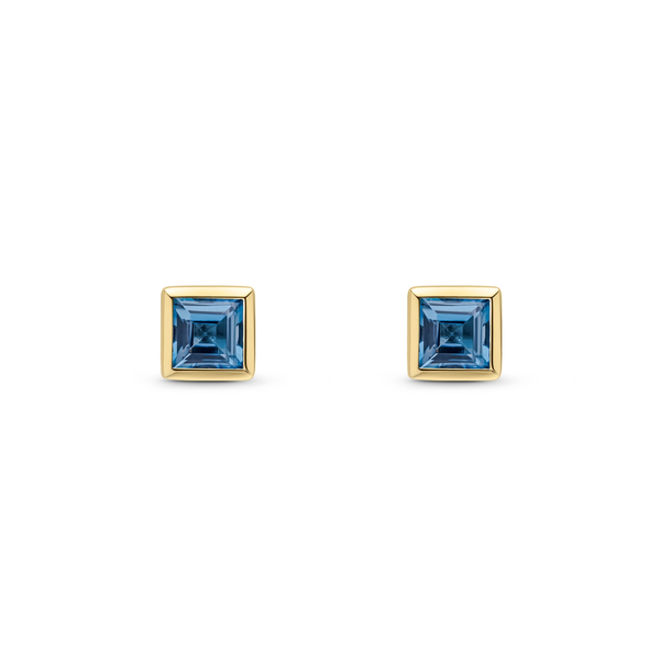9ct Yellow Gold Square Natural London Blue Topaz Rubover Stud Earrings — 3mm