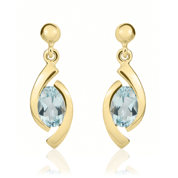 9ct Yellow Gold Oval Natural Aquamarine 'Eye' Drop Earrings — 6x4mm