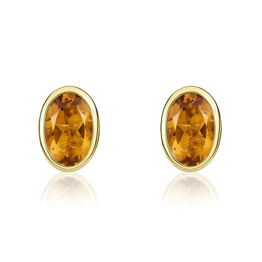 9ct Yellow Gold Oval Natural Citrine Rubover Stud Earrings — 6x4mm
