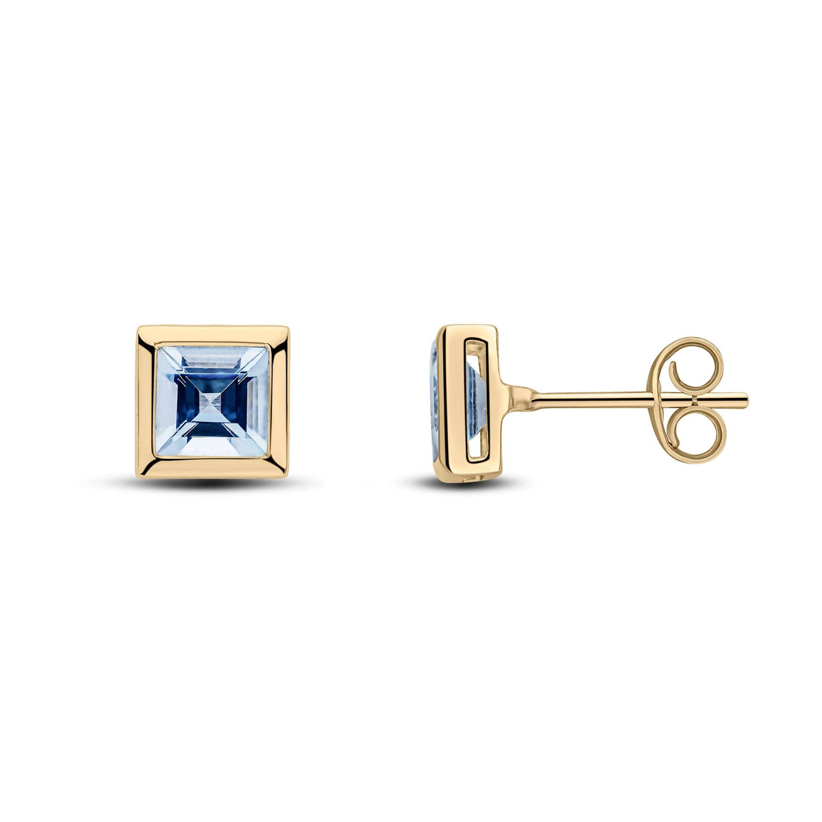 9ct Yellow Gold Square Natural Aquamarine Rubover Stud Earrings — 5mm
