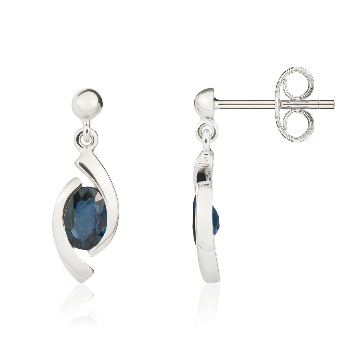 9ct White Gold Oval Natural Sapphire 'Eye' Drop Earrings