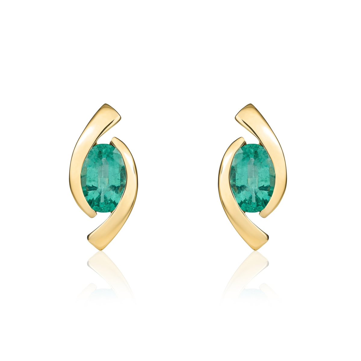 9ct Yellow Gold Oval Natural Emerald 'Eye' Stud Earrings — 6x4mm