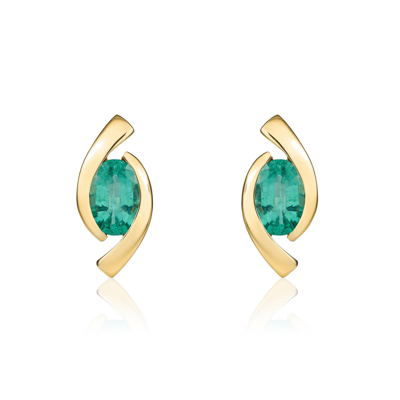 9ct Yellow Gold Oval Natural Emerald 'Eye' Stud Earrings — 6x4mm