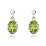 9ct White Gold Oval Natural Peridot Rubover Drop Earrings — 7x5mm