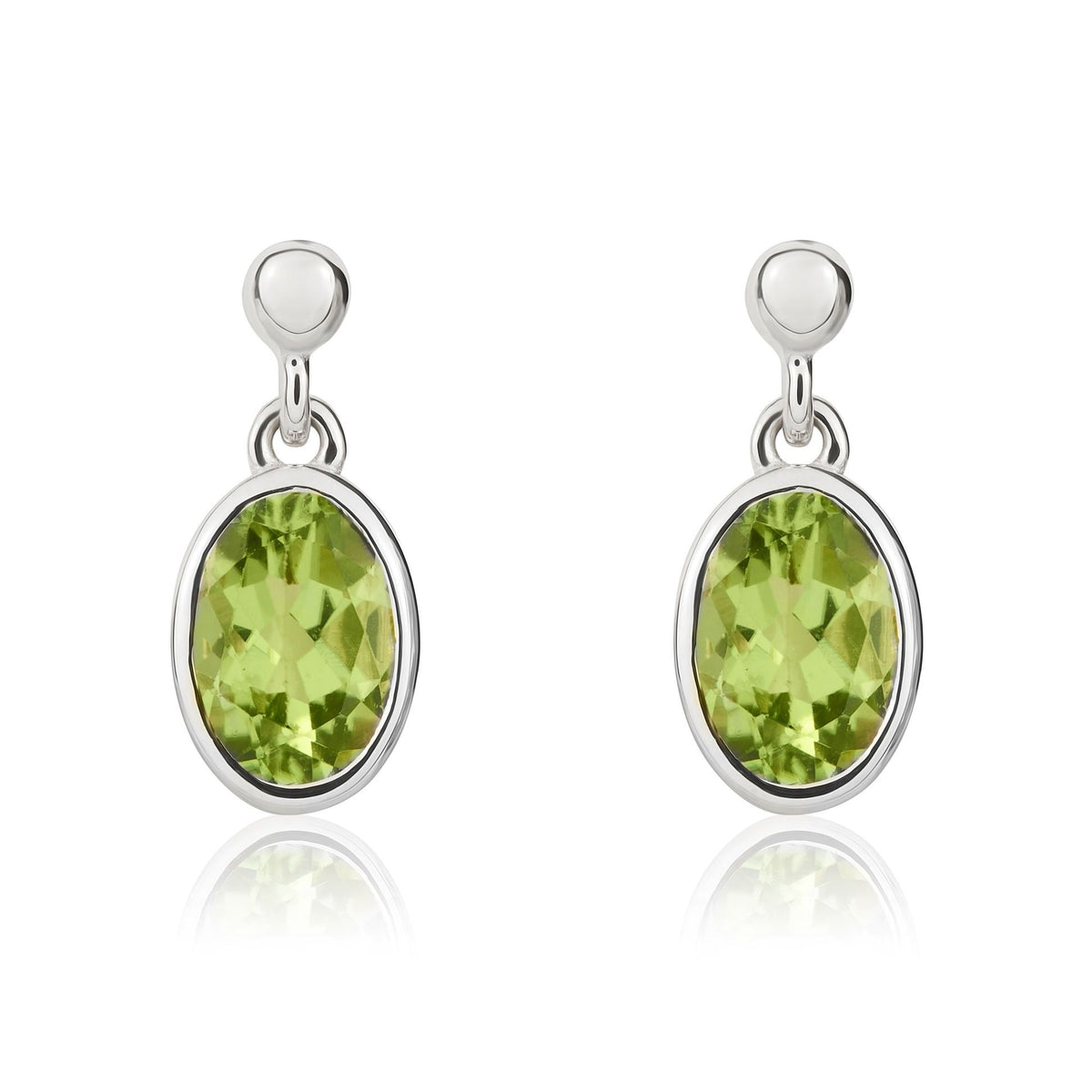 9ct White Gold Oval Natural Peridot Rubover Drop Earrings — 7x5mm