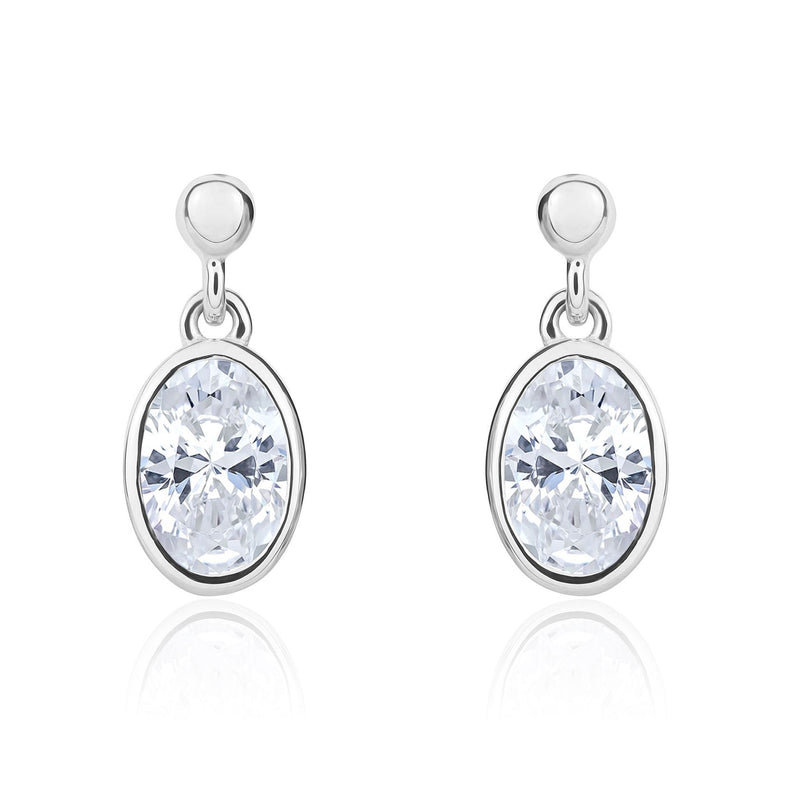9ct White Gold Oval Cubic Zirconia CZ Rubover Drop Earrings — 7x5mm