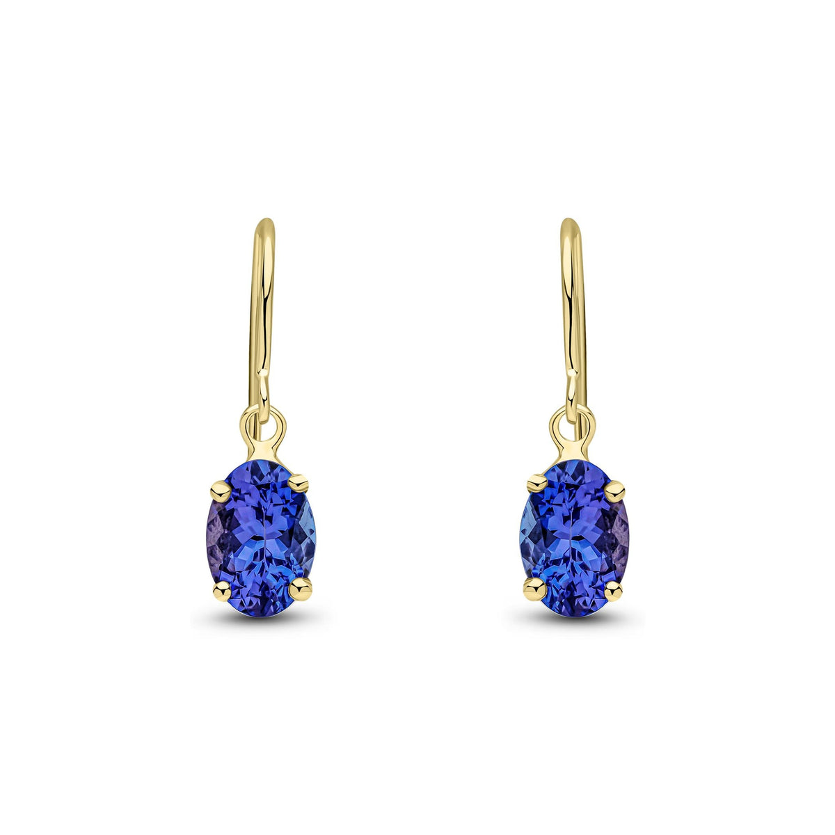 9ct Yellow Gold Oval Natural Tanzanite Claw Hook Wire Drop Earrings — 7x5mm