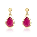 9ct Yellow Gold Pear Shaped Natural Ruby Rubover Drop Earrings — 7x5mm