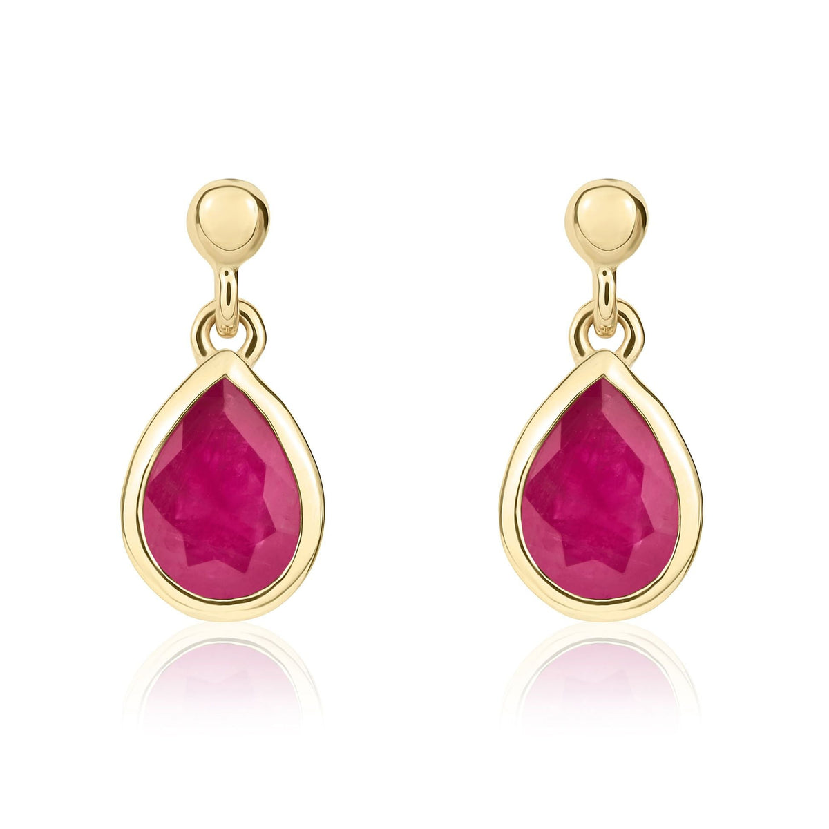 9ct Yellow Gold Pear Shaped Natural Ruby Rubover Drop Earrings — 7x5mm