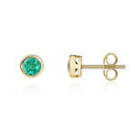 9ct Yellow Gold Round Natural Emerald Rubover Stud Earrings — 4mm