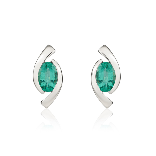 9ct White Gold Oval Natural Emerald 'Eye' Stud Earrings — 6x4mm