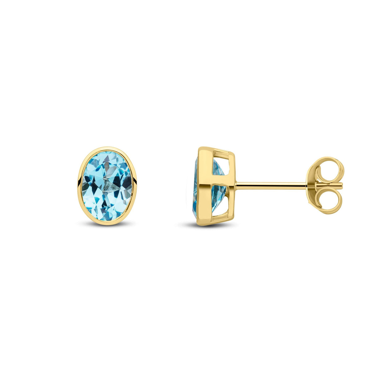 9ct Yellow Gold Oval Natural Swiss Blue Topaz Rubover Stud Earrings — 7x5mm