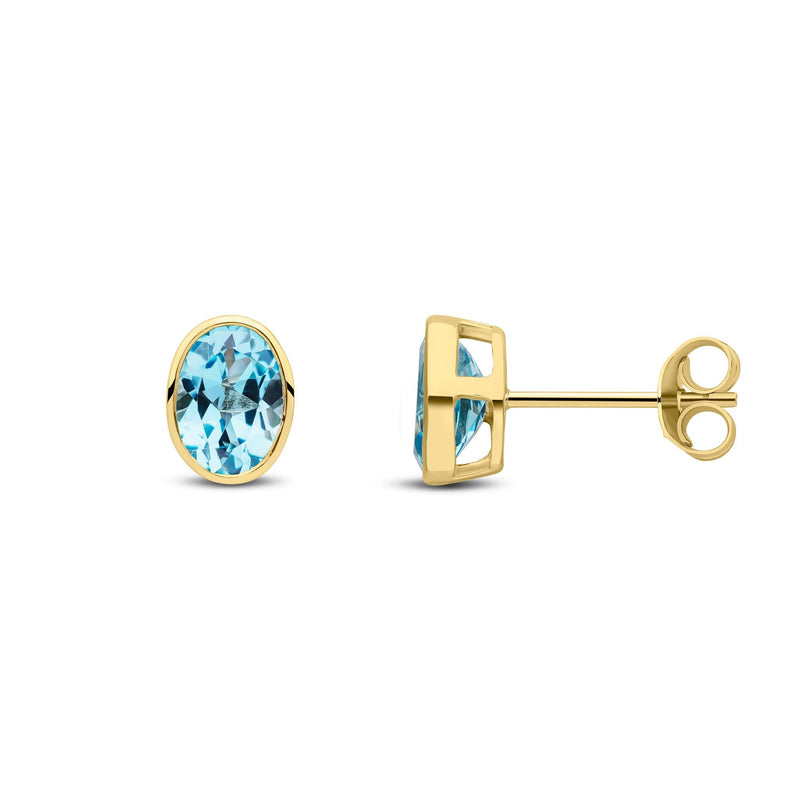 9ct Yellow Gold Oval Natural Swiss Blue Topaz Rubover Stud Earrings — 7x5mm