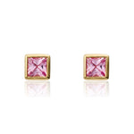 9ct Yellow Gold Square Natural Pink Sapphire Rubover Stud Earrings — 3mm