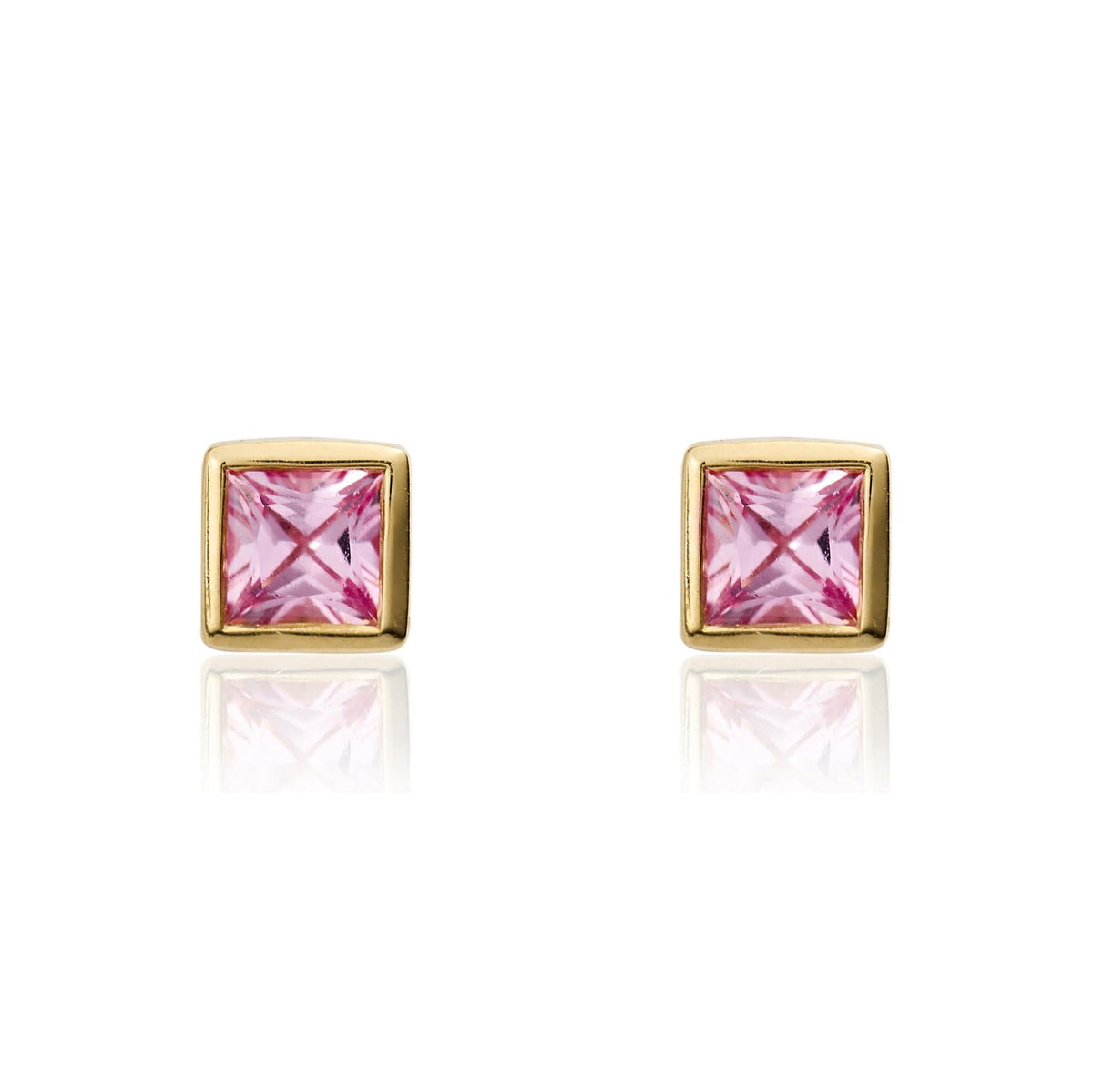 9ct Yellow Gold Square Natural Pink Sapphire Rubover Stud Earrings — 3mm