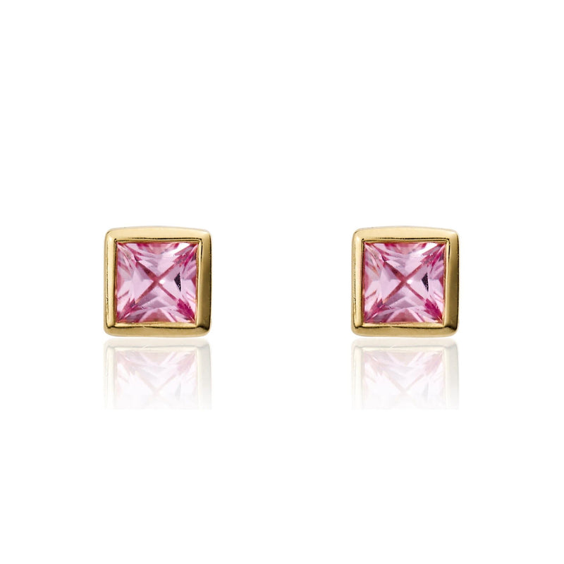 9ct Yellow Gold Square Natural Pink Sapphire Rubover Stud Earrings — 3mm