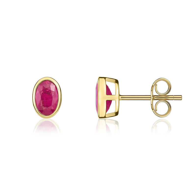 9ct Yellow Gold Oval Natural Ruby Rubover Stud Earrings — 6x4mm