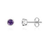 9ct White Gold Round Natural Amethyst Rubover Stud Earrings — 3mm