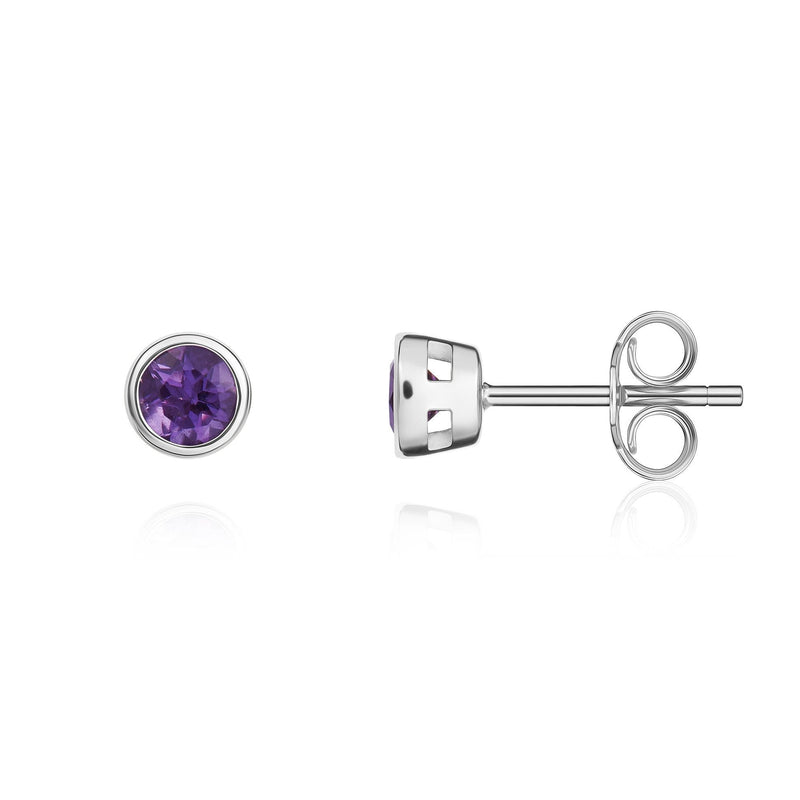 9ct White Gold Round Natural Amethyst Rubover Stud Earrings — 3mm