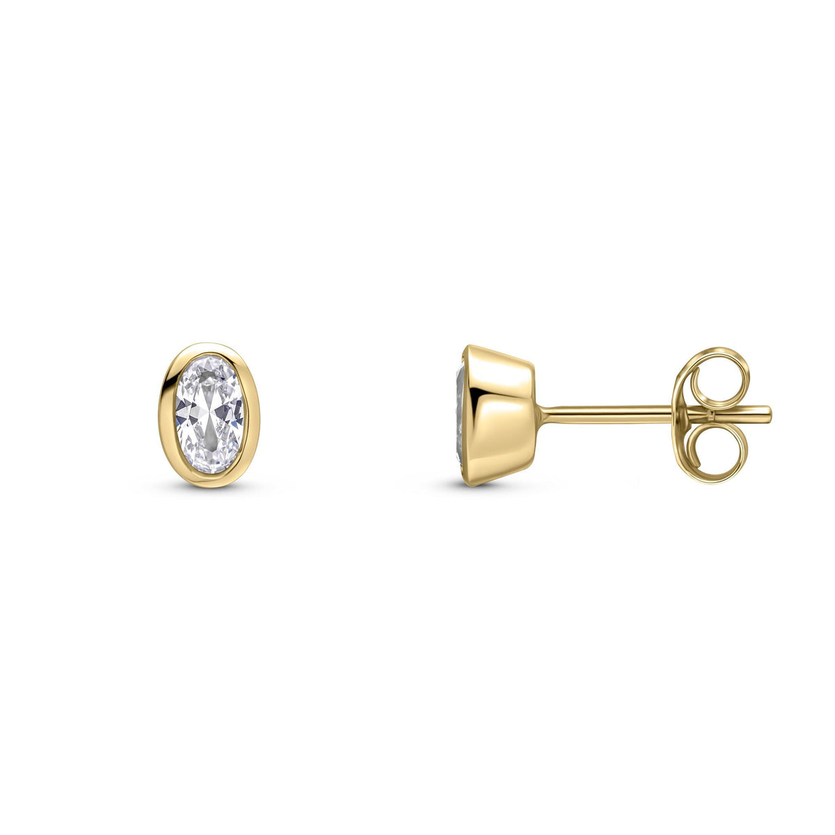 9ct Yellow Gold Oval Cubic Zirconia Rubover Stud Earrings — 5x3mm