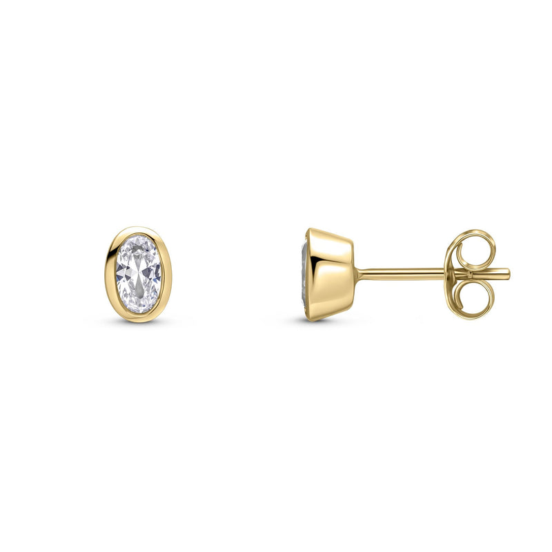 9ct Yellow Gold Oval Cubic Zirconia Rubover Stud Earrings — 5x3mm