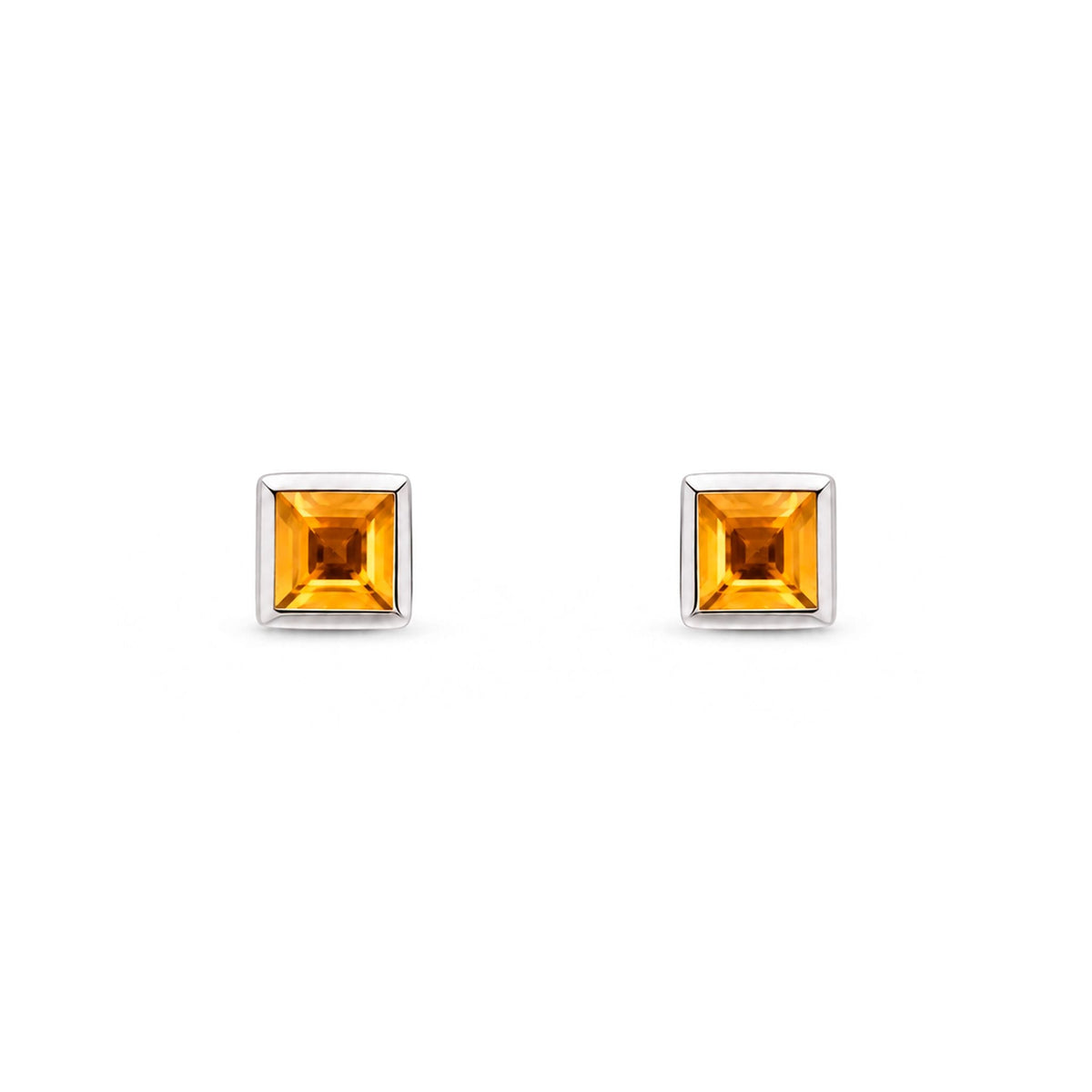 9ct White Gold Square Natural Citrine Rubover Stud Earrings — 3mm