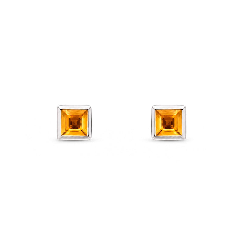 9ct White Gold Square Natural Citrine Rubover Stud Earrings — 3mm