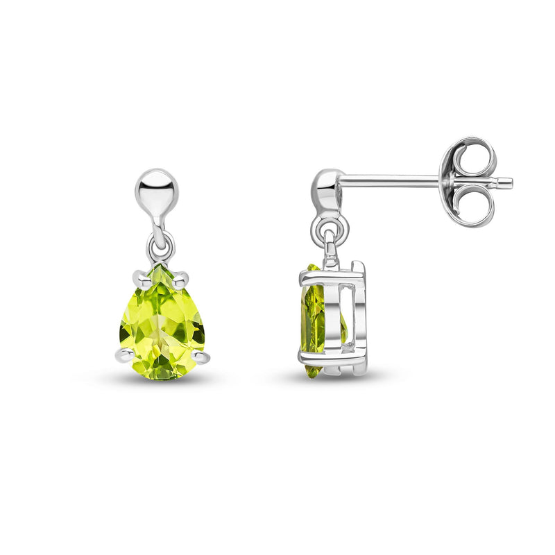 9ct White Gold Pear Shaped Natural Peridot Claw Drop Earrings — 7x5mm
