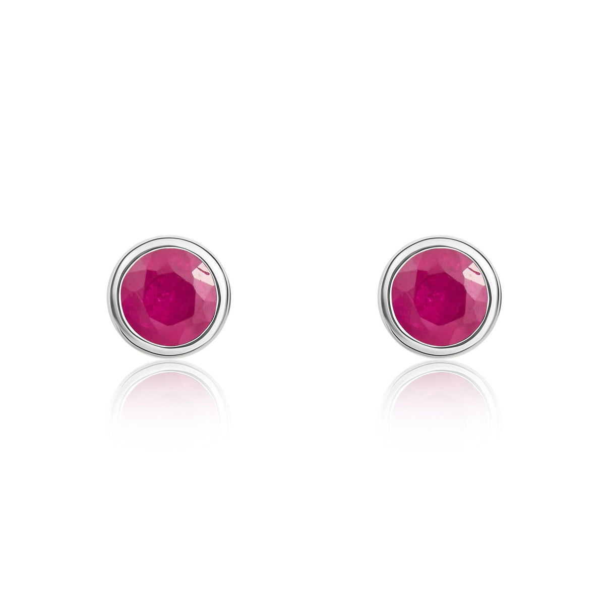 9ct White Gold Round Natural Ruby Rubover Stud Earrings — 3mm