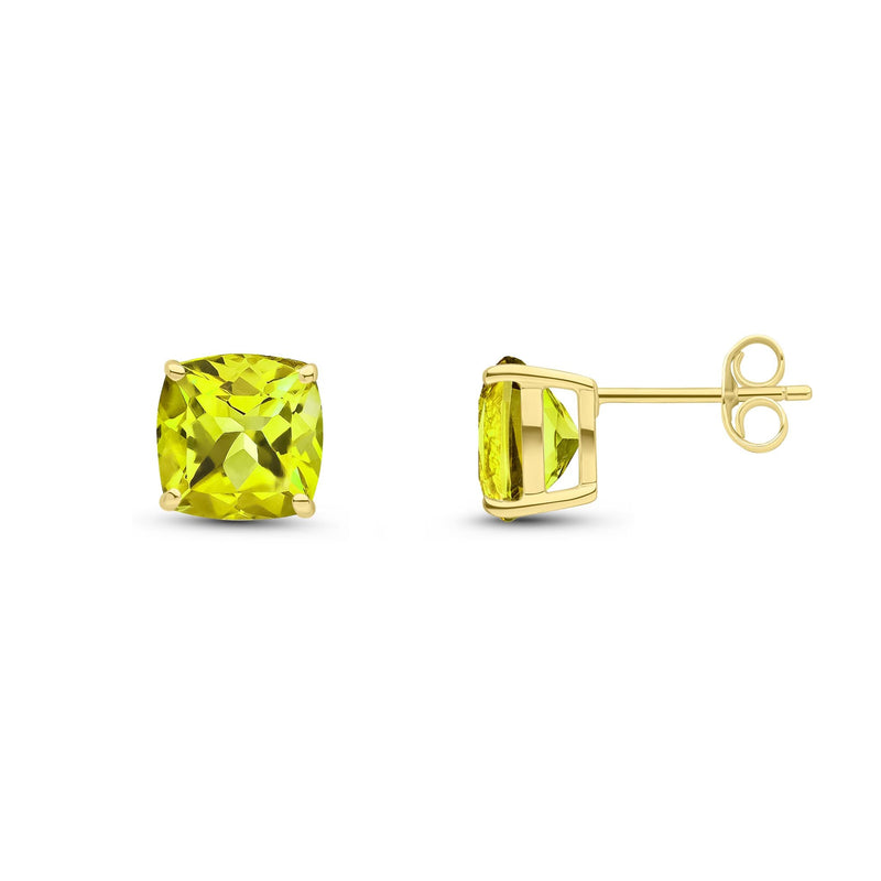 9ct Yellow Gold Cushion Natural Peridot Claw Stud Earrings — 8mm