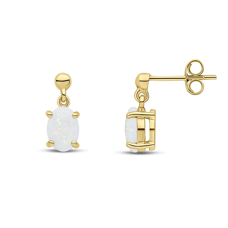 9ct Yellow Gold Oval Natural Opal Claw Drop Earrings — 7x5mm