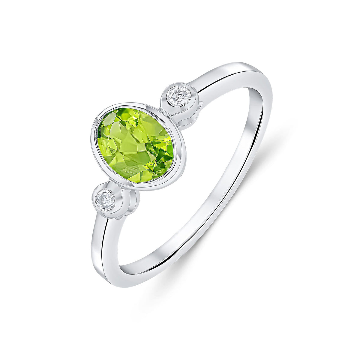9ct White Gold Oval Natural Peridot and Diamond Three Stone Rubover Ring