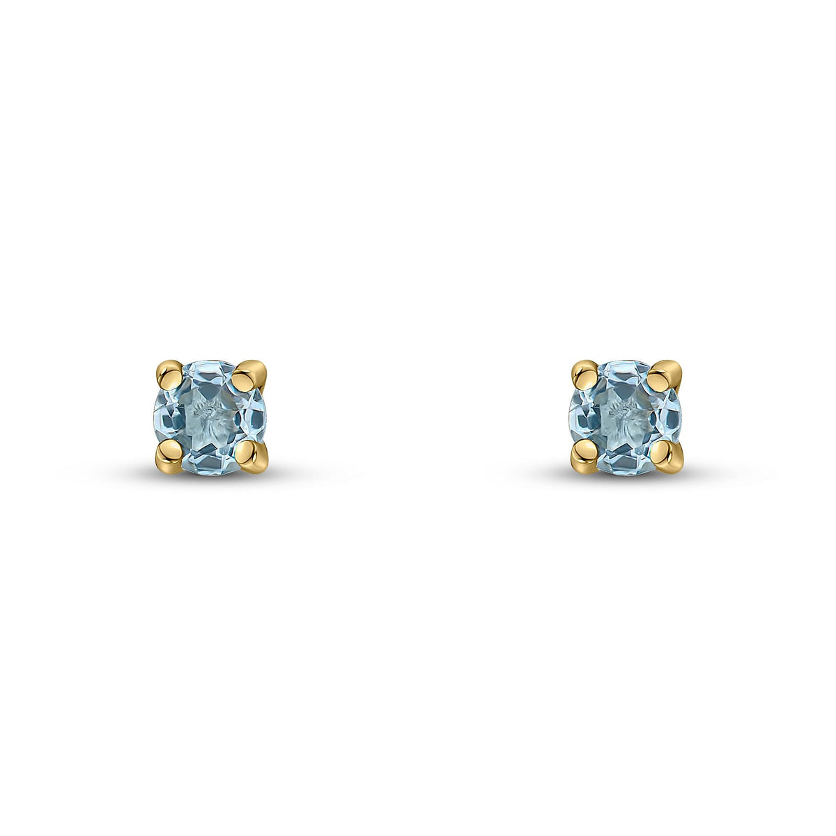 9ct Yellow Gold Round Natural Aquamarine Claw Stud Earrings — 3mm