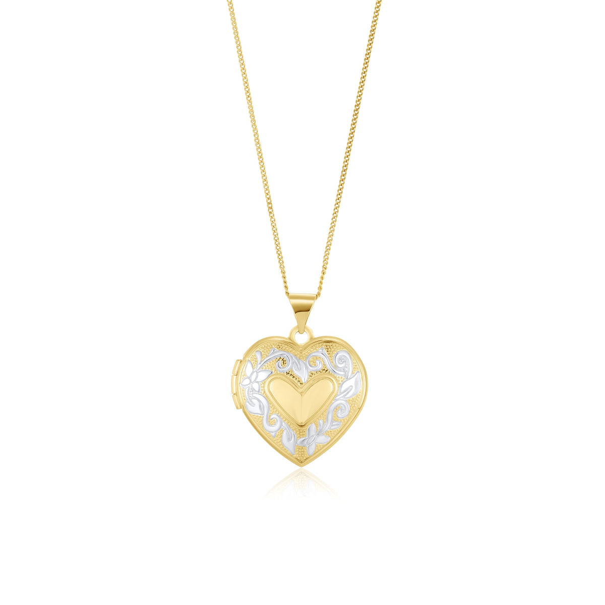 9ct Yellow and White Gold Two Tone Floral Heart Locket Pendant