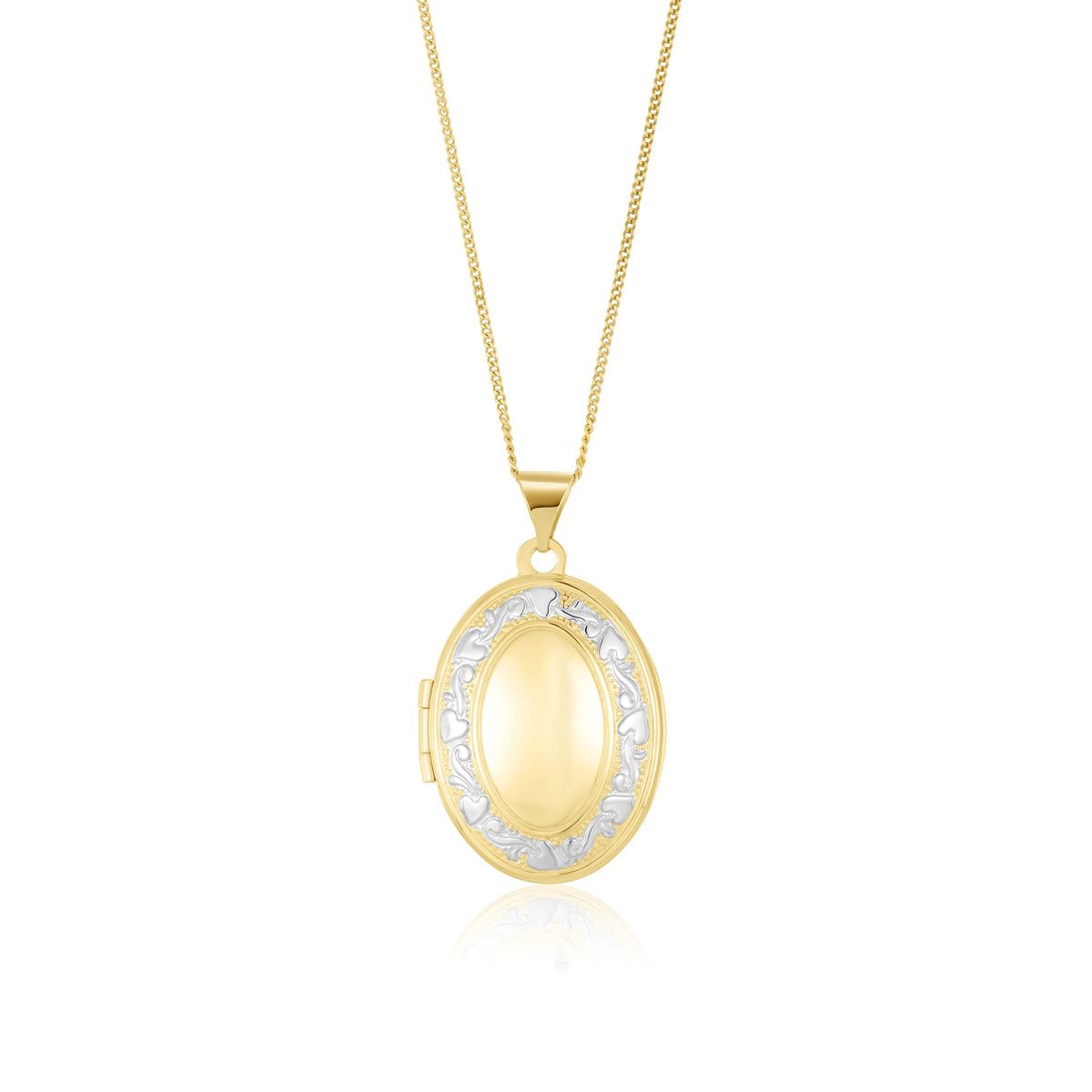 9ct Yellow and White Gold Two Tone Floral Border Oval Locket Pendant