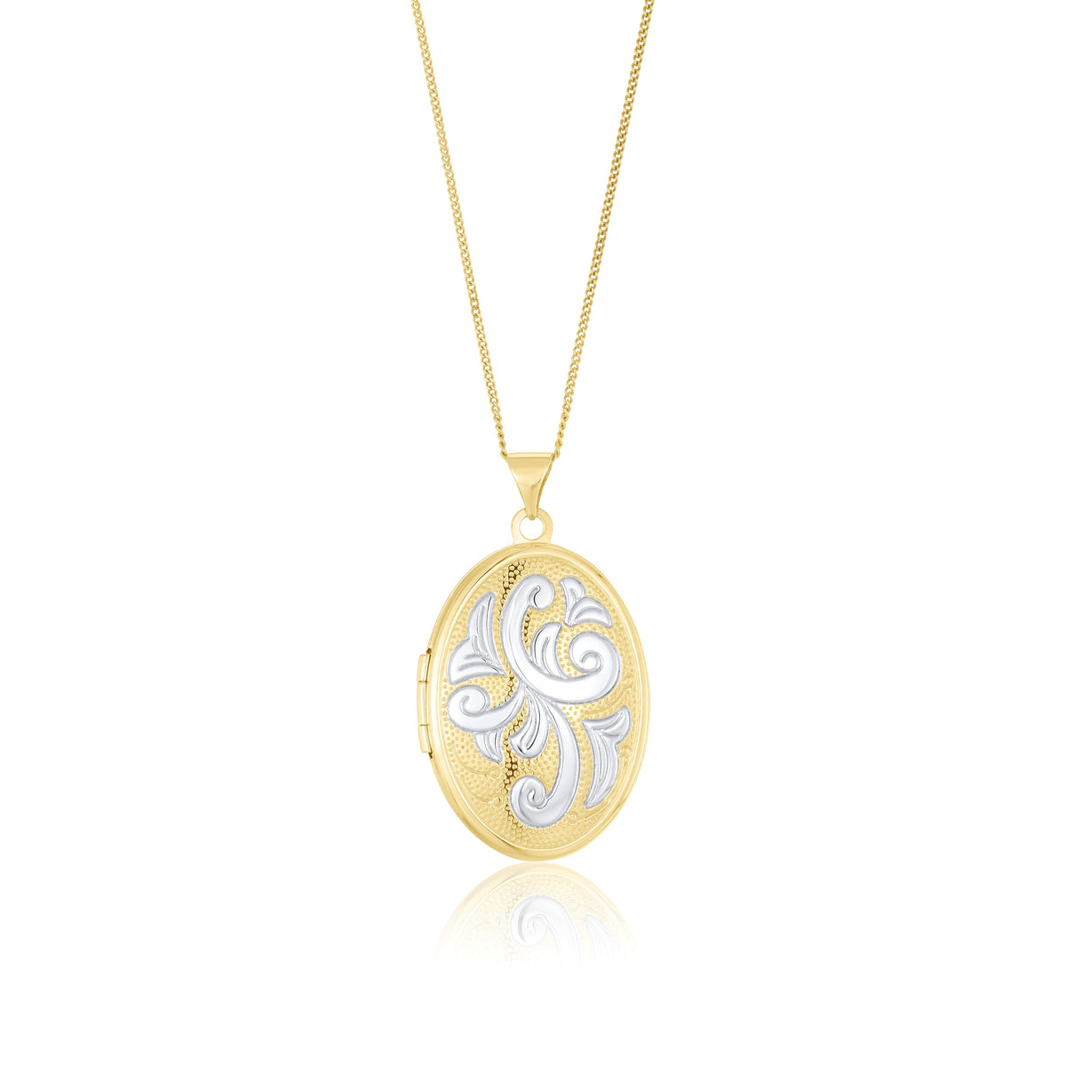 9ct Yellow and White Gold Two Tone Scrollwork Oval Locket Pendant