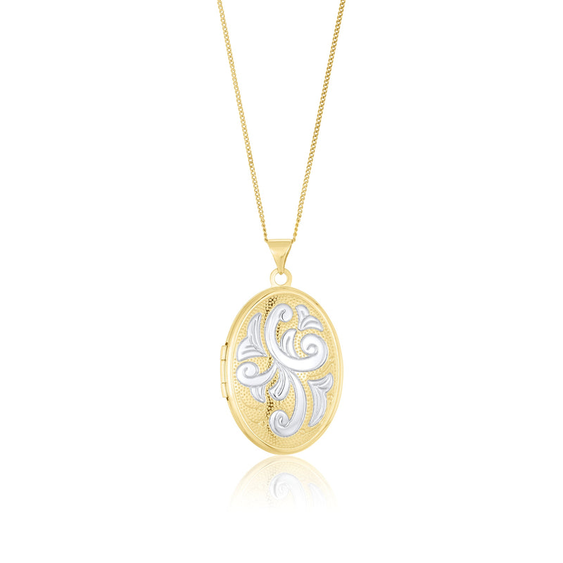 9ct Yellow and White Gold Two Tone Scrollwork Oval Locket Pendant