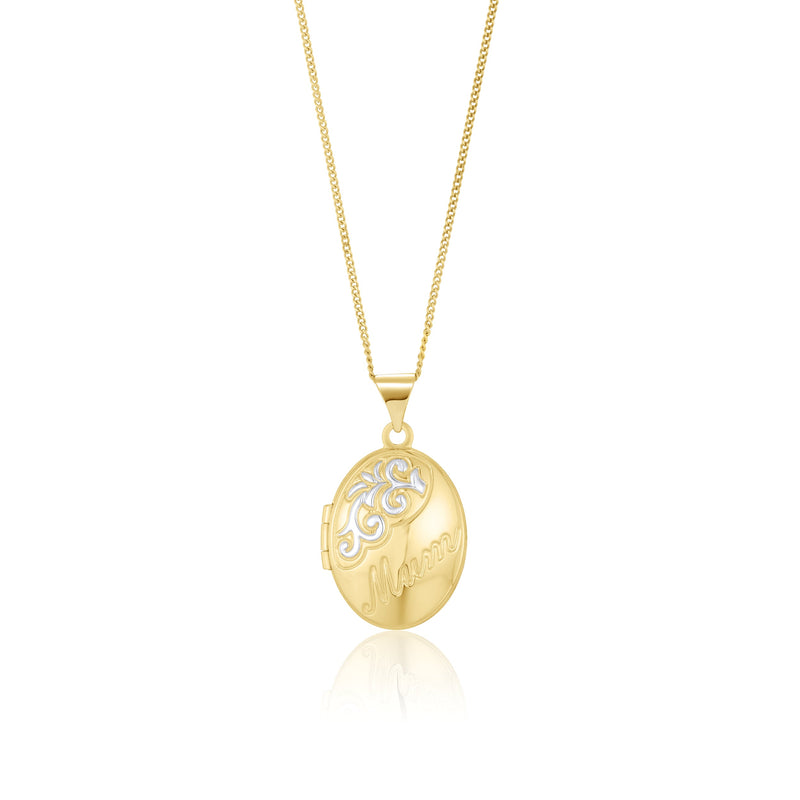 9ct Yellow and White Gold Two Tone Mum Mother Scroll Oval Locket Pendant