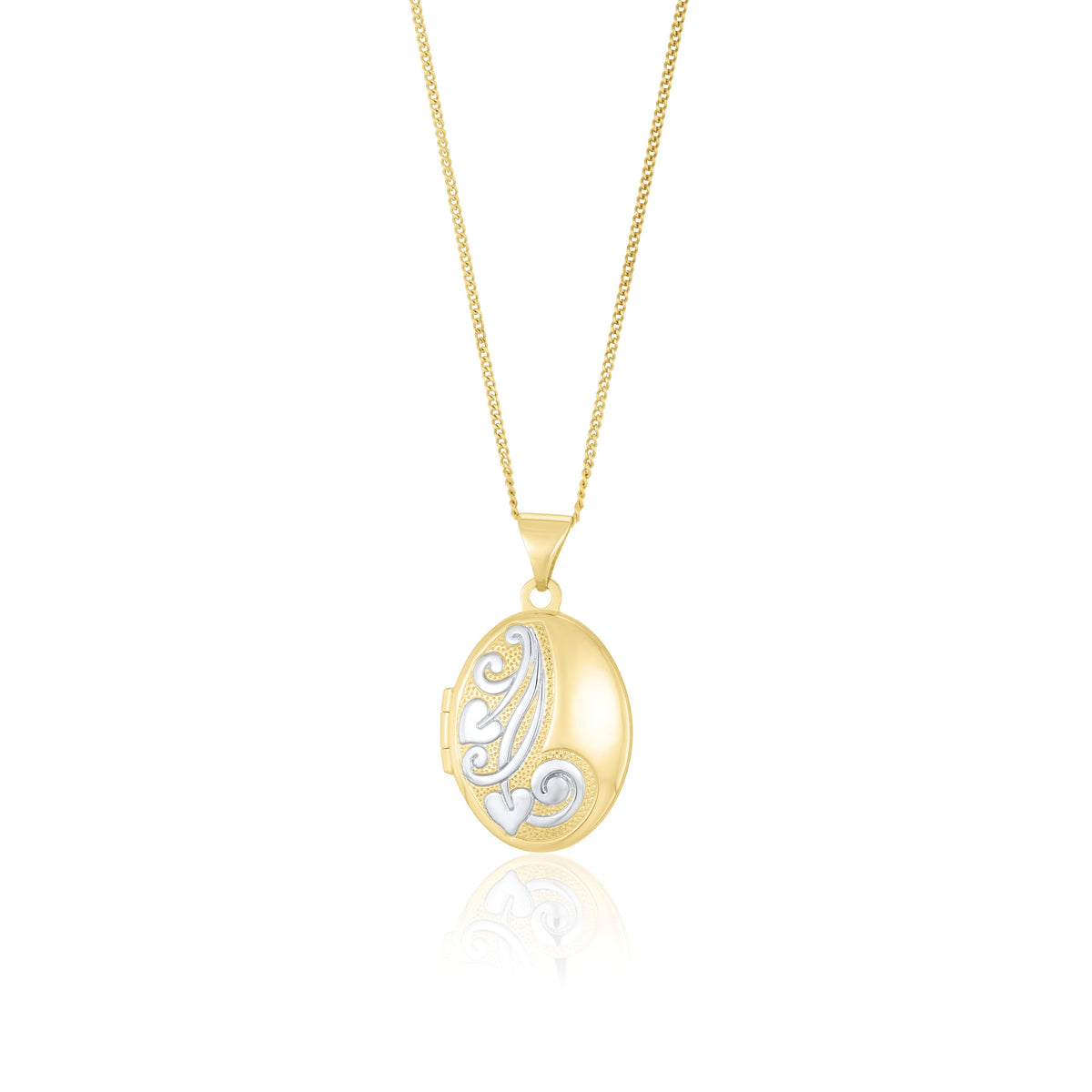 9ct Yellow and White Gold Two Tone Leaf Scroll Oval Locket Pendant