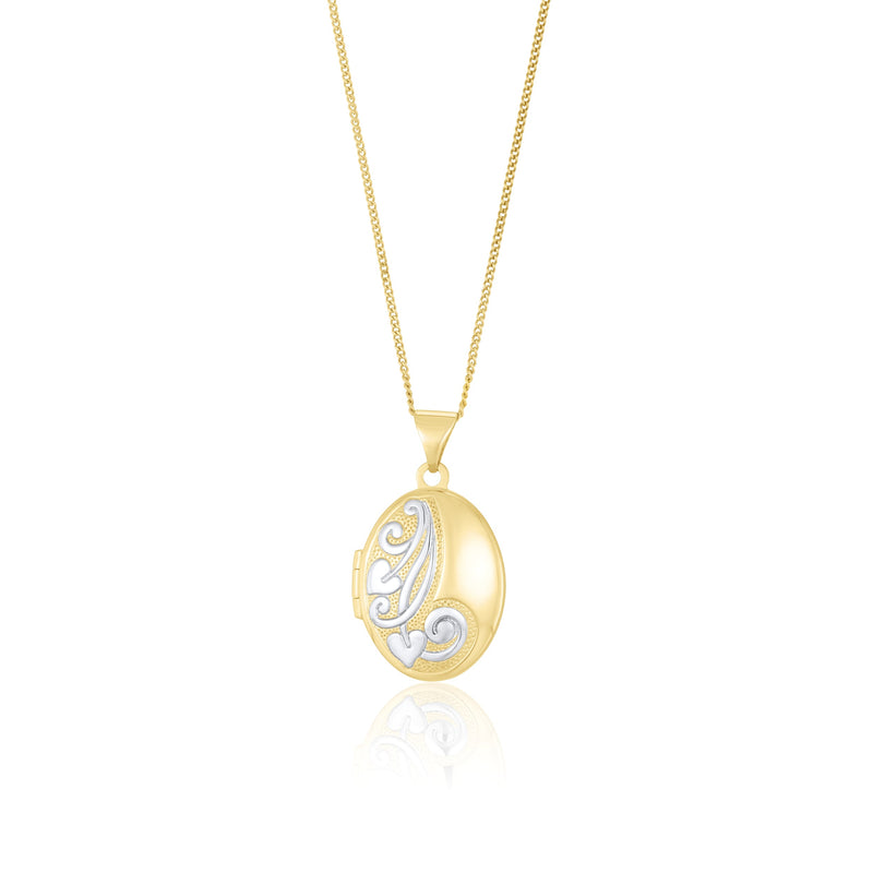 9ct Yellow and White Gold Two Tone Leaf Scroll Oval Locket Pendant