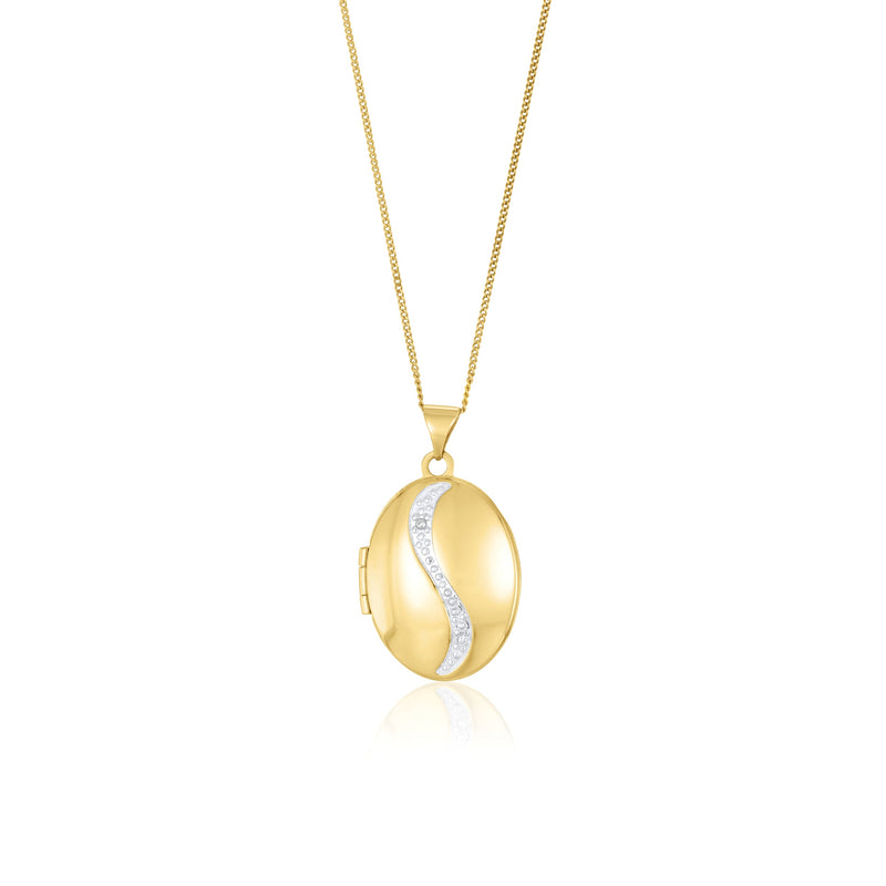 9ct Yellow Gold Natural Diamond Sweeping Curve Oval Locket Pendant